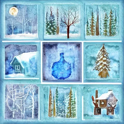 Image similar to mixed media winter icon collage illustration in soft watercolor style, ice blue cold hues