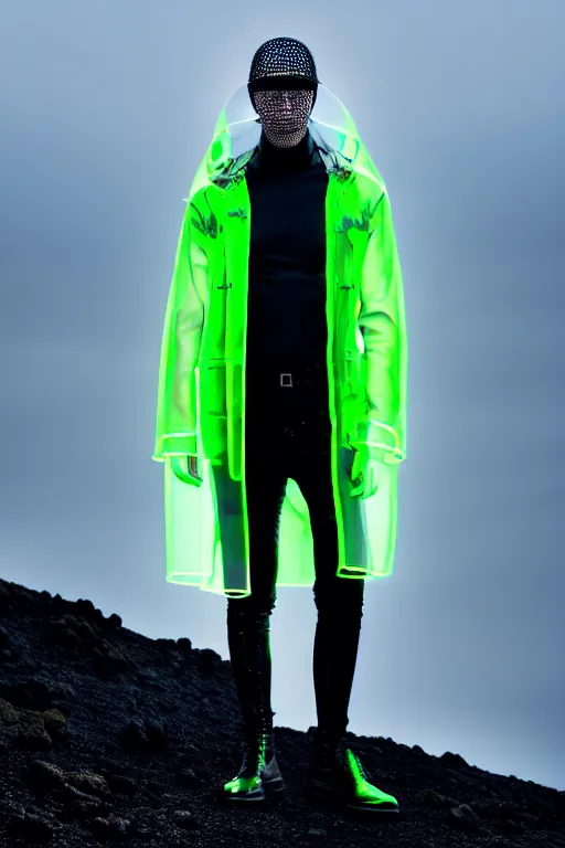 Image similar to an ultra high definition professional high fashion portrait studio full length photograph of a male model wearing a transparent pearlescent raincoat and neon visor in an icelandic black rock environment at dawn. no artefacts. extremely detailed. stark. refraction. shallow depth of field. volumetric light and shadow. ray tracing. light rays.