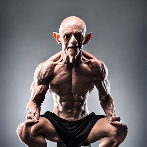 Image similar to bodybuilder gollum, 4 k, high detail, high - resolution photograph, professional photography, ultra - detail