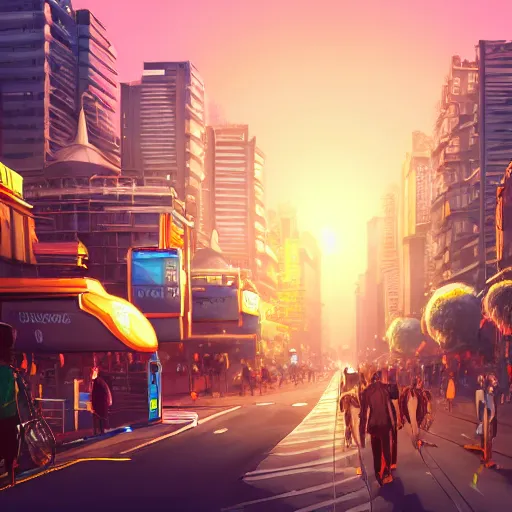 Image similar to mumbai in the future, city streets, golden hour, distopian fantasy, trending on pixiv