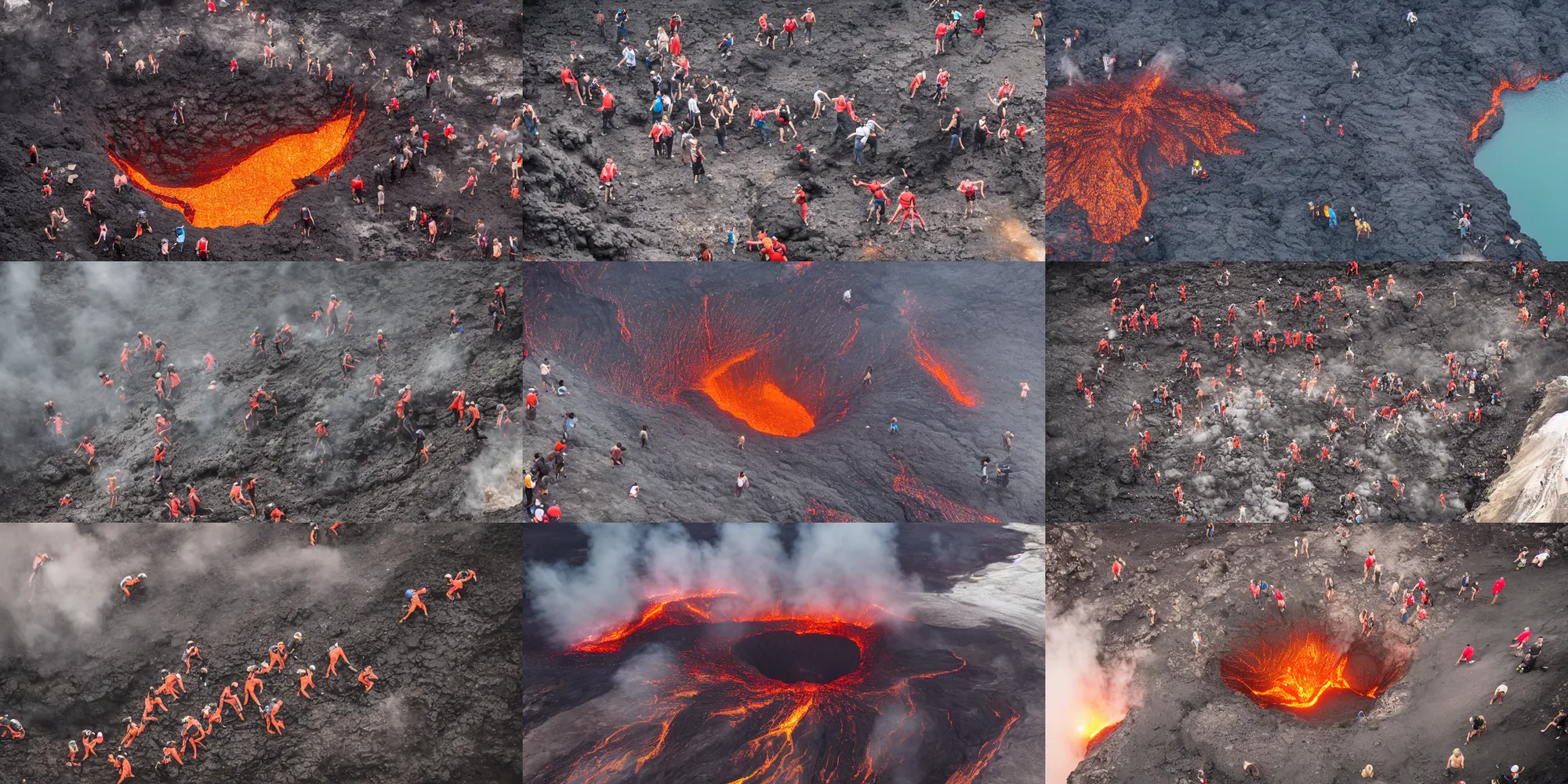 Prompt: many people lining up to jump off into an erupting volcano, photography, 4 k, journalism, aerial view, cinematic lighting