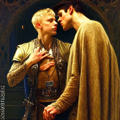 Image similar to stunning arthur pendragon in love with stunning male merlin the mage. they are close to each other. highly detailed painting by gaston bussiere, craig mullins, j. c. leyendecker