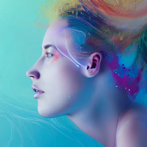 Image similar to A gorgeous young ethereal woman delicately positioned and intertwined in popping color fluids, Fantasy, hyperrealism, 4k, volumetric lighting, three dimensions, a digitally transformed world, user interface design, 3D modeling, illustration, and transportation design. art by Andrew Chiampo, Frederik Heyman and Jonathan Zawada, 4k