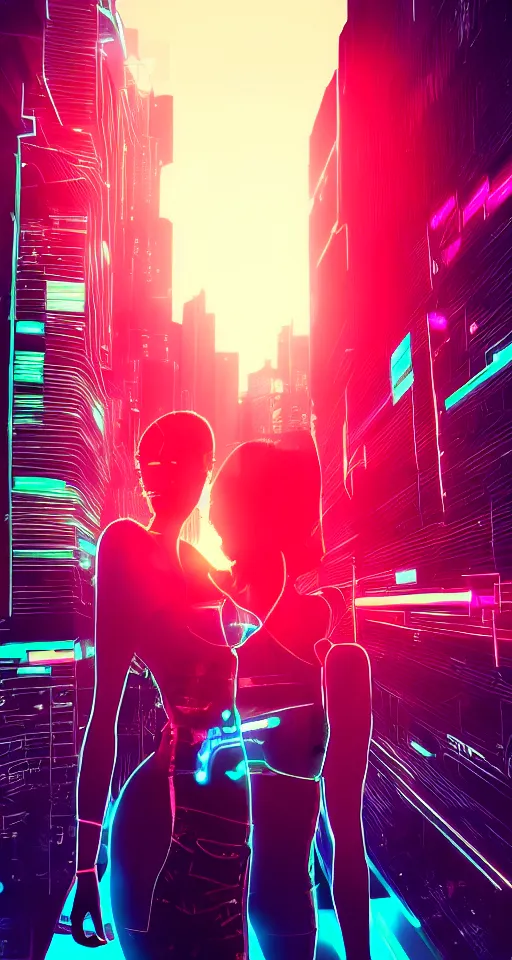 Image similar to cyber women, city, neon lights, glow, retrowave style, sunset,