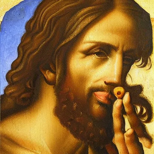 Prompt: an impasto oild painting of jesus smoking a cannabis joint painted by leonadro da vinci, rennaissance painting, high detailed oil painting, masterpiece, artstation
