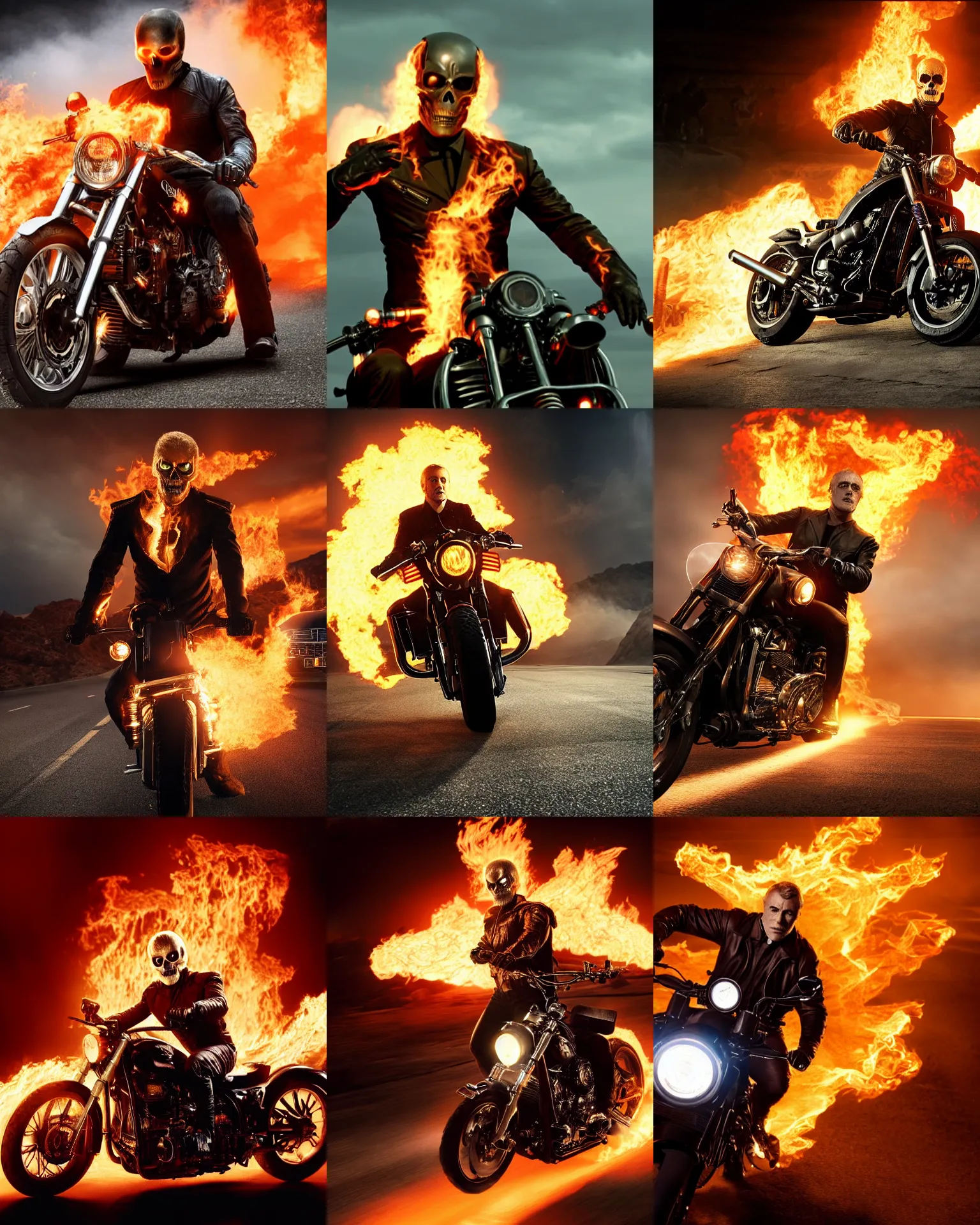 Prompt: Christoph Waltz as Ghost Rider, riding a motorcycle, dynamic lighting, realistic, 8k HDR