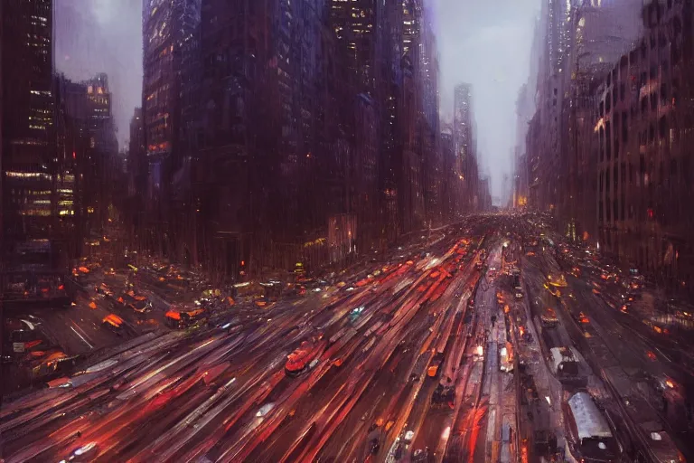 Image similar to beautiful matte painting traffic jam on the streets of neo new york in evening by greg rutkowski, 4 k, extreme details