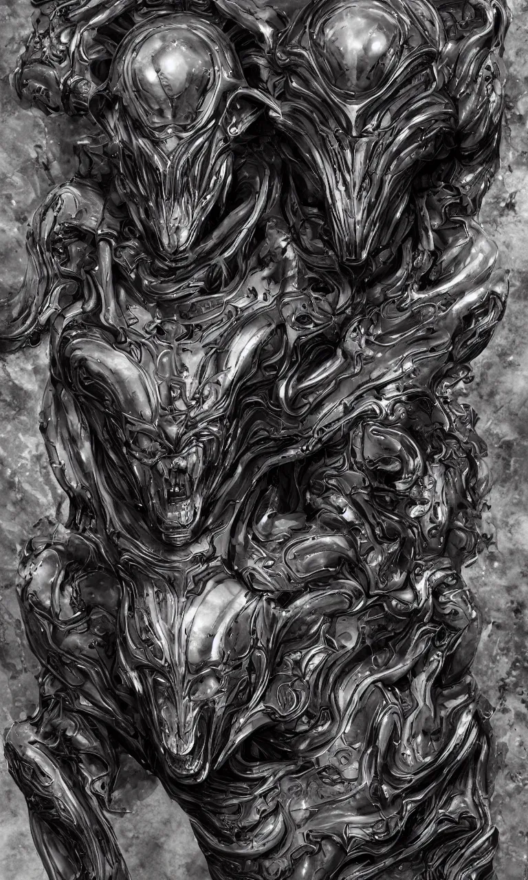 Image similar to engineer prometheus face by Artgerm, xenomorph alien, highly detailed, symmetrical long head, smooth marble surfaces, detailed ink illustration, raiden metal gear, cinematic smooth stone, deep aesthetic, concept art, post process, 4k, carved marble texture and silk cloth, latex skin, highly ornate intricate details, prometheus, evil, moody lighting, hr geiger, hayao miyazaki, indsutrial Steampunk