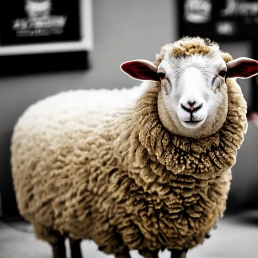 Prompt: award winning photo of a sheep at the barber shop bokeh f1.4 50mm