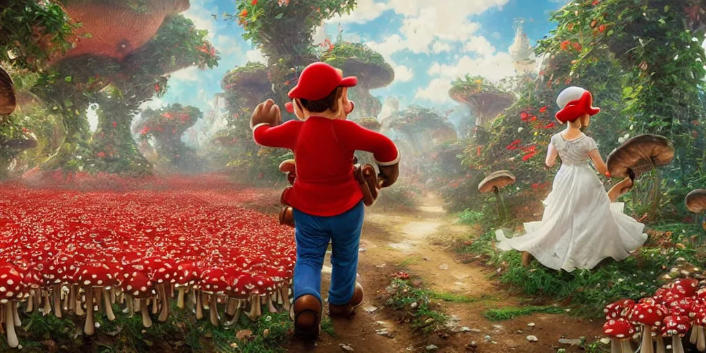 Image similar to Super Mario walking through the Mushroom Kingdom, Super Mario Theme, hundreds of red and white spotted mushrooms, by Stanley Artgerm Lau , greg rutkowski, thomas kindkade, alphonse mucha, loish, norman Rockwell