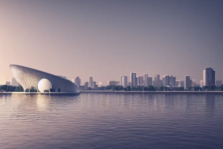 Image similar to many white round egg shaped building combinations intersect and depend on each other to form a building, by pierre bernard, on the calm lake, people's perspective, future, interior wood, dusk, unreal engine highly rendered, global illumination, radial light, internal environment