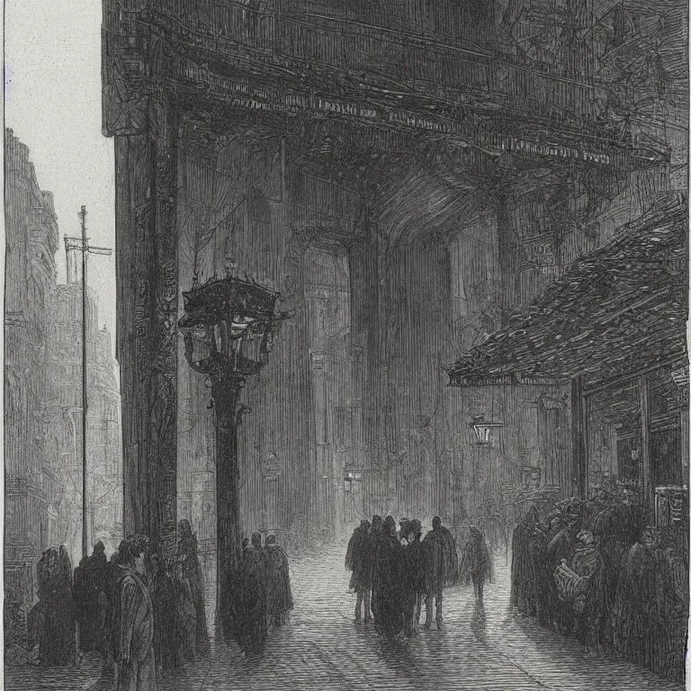 Image similar to some people waiting in a lone bus stop in qiet dark city, by Gustave Doré