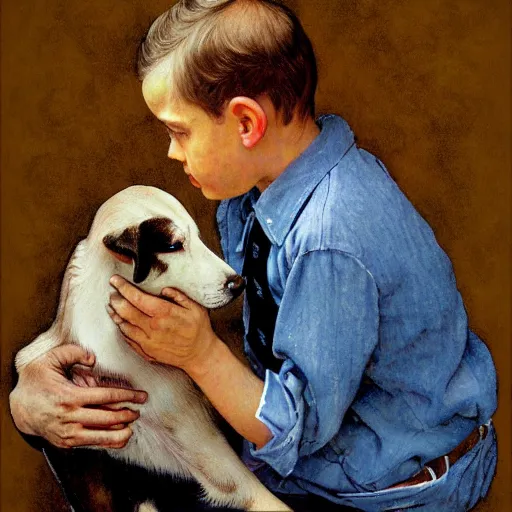 Prompt: A sad boy with his hands at his face looking to a dog, artwork by Norman Rockwell, cinematic view, high quality