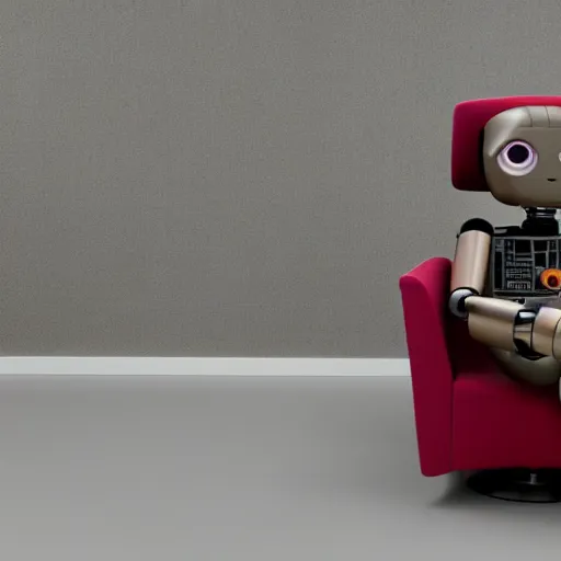 Image similar to futuristic studious matte brown and red full-body humanoid robot with two huge round expressive sad purple glowing LED eyes and open rectangular mouth sitting on a large comfortable cushioned 1950s vintage recliner reading a newspaper. open newspaper. Cinematic Movie Photograph, Arri Alexa, Extremely Detailed, smooth, very very clean, 8K, octane render, maya render, unreal engine, trending on artstation, DSLR, excellent composition, center frame