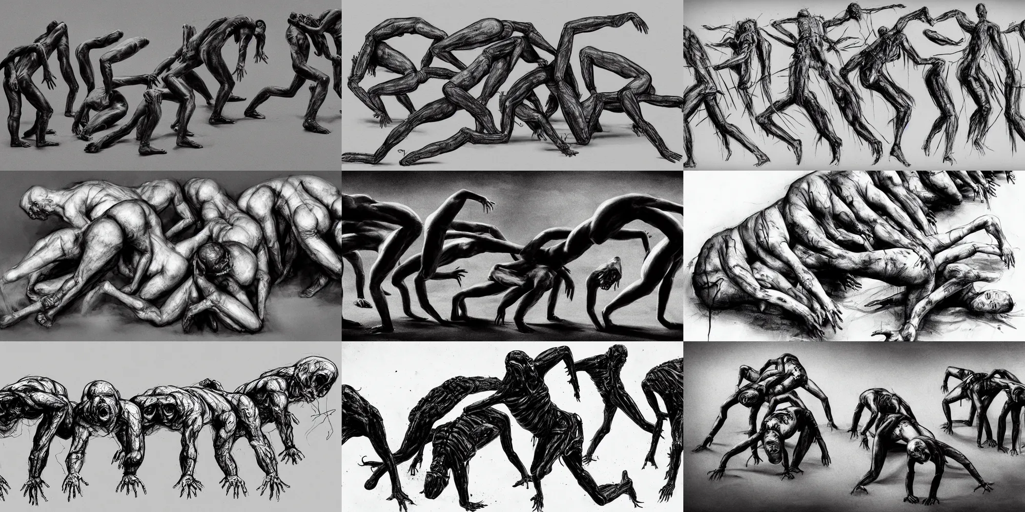 Prompt: black and white art of human centipede, concept art, 4k, sketch, realistic, movie, horror, body horror, monsters, dark, high contrast