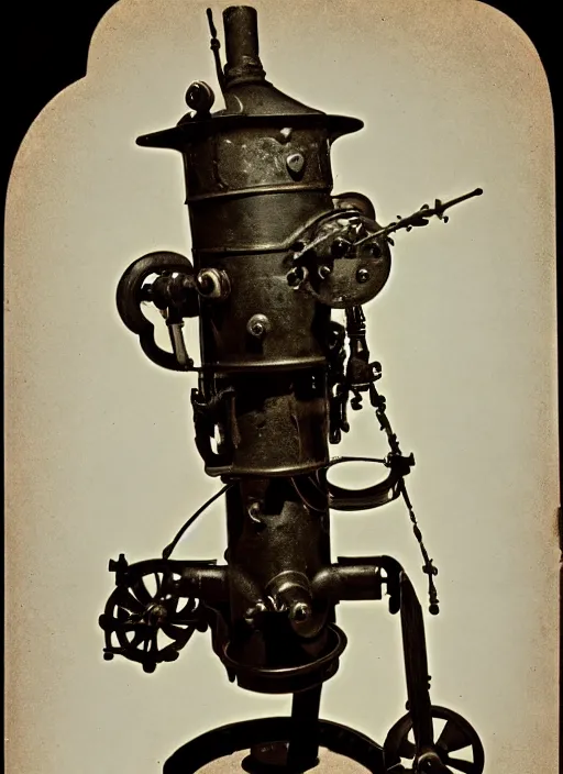 Image similar to 1 8 8 5 photo of a steampowered riveted turret from portal 2, gatling gun, daguerrotype, high quality