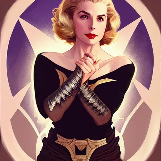 Image similar to Blonde Grace Kelly as Bat Woman, western, D&D, fantasy, intricate, elegant, highly detailed, digital painting, artstation, concept art, matte, sharp focus, illustration, art by Artgerm and Greg Rutkowski and Alphonse Mucha