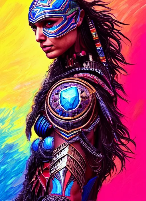 Image similar to portrait of gal gadot, hyper detailed ultra sharp aztec shaman warrior. trending on artstation, warpaint aesthetic, bloodwave, colorful, psychedelic, ornate, intricate, digital painting, concept art, smooth, sharp focus, illustration, art by artgerm and greg rutkowski and h. r. giger, 8 k