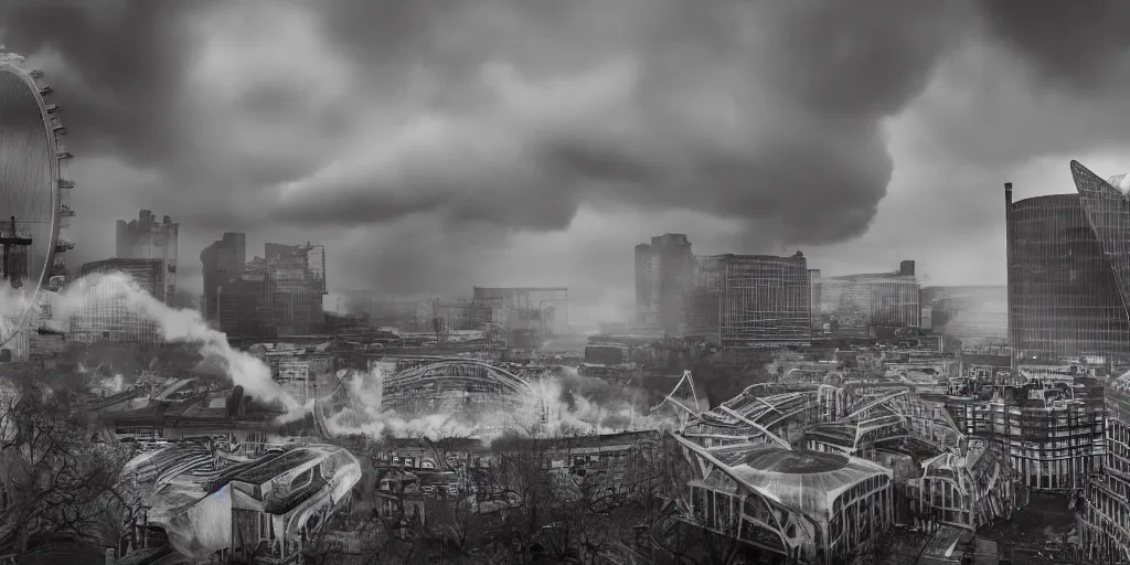 Image similar to a nuclear landscape of the southbank centre in london, the london eye and big ben are still standing, collapsed brutalist architecture, groups of human figures stagger amongst the ruins, fog, dust atmosphere, brooding clouds, mushroom cloud, detailed, 4k