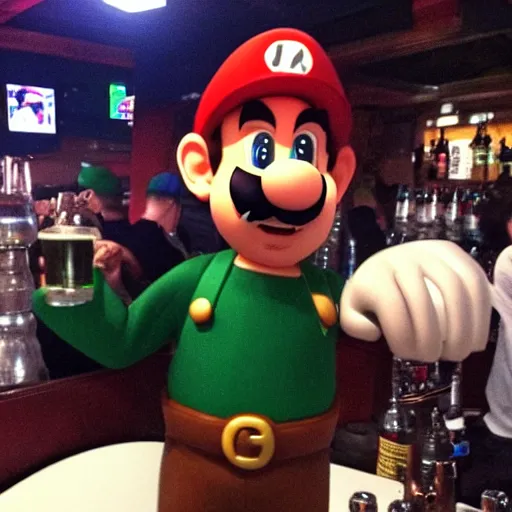 Image similar to luigi from super mario chugging a beer with the boys at the bar