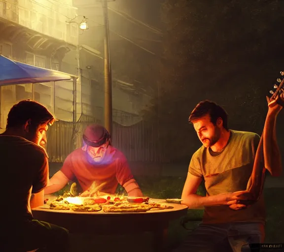 Image similar to three guys in night at the yard speaking while grilling kebabs and one guy playing guitar, volumetric lighting, glowing lights, 4k, octane, digital painting, artstation, concept art, sharp focus, illustration, cinematic film still, art by artgerm and greg rutkowski and alphonse mucha ,