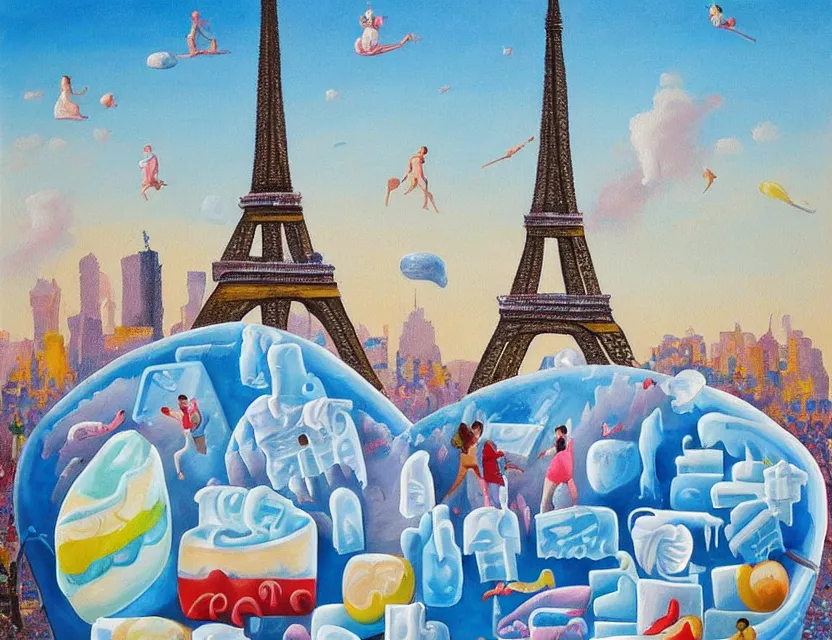 Prompt: a painting of ice sculptures made of icecream in the shape of the skyline of paris with eiffel tower on a very sunny summer day, very hot and the ice is melting fast and people are swimming in the icecream in the style of james jean and fernando botero