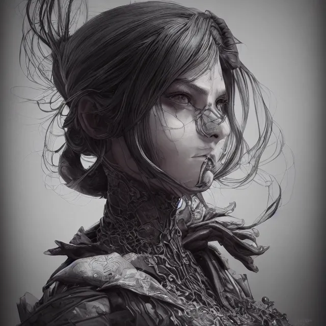 Image similar to the portrait of neutral evil fallen female dark knight vagabond as absurdly beautiful, gorgeous, elegant, sophisticated, woman, an ultrafine hyperdetailed illustration by kim jung gi, irakli nadar, intricate linework, bright colors, octopath traveler, final fantasy, unreal engine 5 highly rendered, global illumination, radiant light, detailed and intricate environment