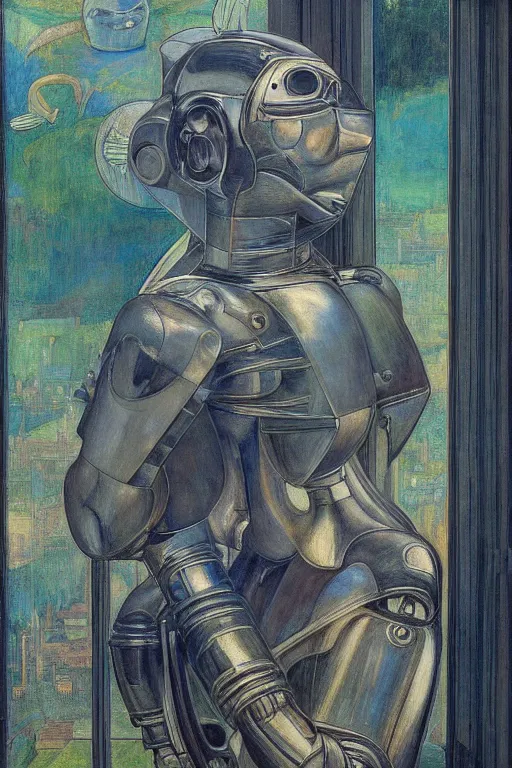 Image similar to the queen in her robot mask stands by the window, by Annie Swynnerton and Diego Rivera and Elihu Vedder, symbolist, dramatic lighting, elaborate geometric ornament, Art Brut, soft blues and greens,smooth, sharp focus, extremely detailed, Adolf Wölfli and Evelyn De Morgan