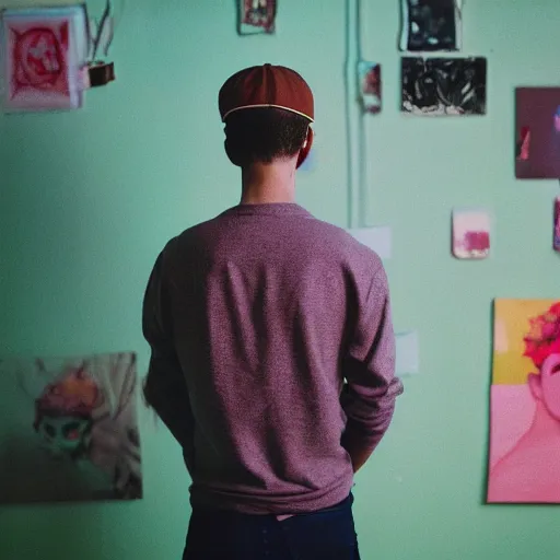 Image similar to kodak portra 4 0 0 photograph of a skinny guy wearing a hat standing in cluttered art studio, back view, flower crown, moody lighting, moody vibe, telephoto, 9 0 s vibe, blurry background, vaporwave colors, faded!,