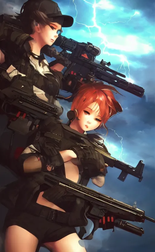 Prompt: the front of a modern trading card, highly detailed, high resolution, character design, stunning, volumetric lightning, realistic guns, girls frontline style, matte, sharp focus, illustration, artstation