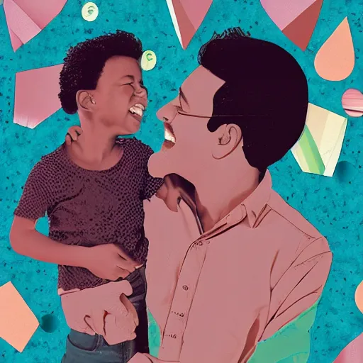 Prompt: detailed beautiful digital paper collage of a father with child smiling at each other. interesting textures in vibrant pastel tones. maximalism. matte background