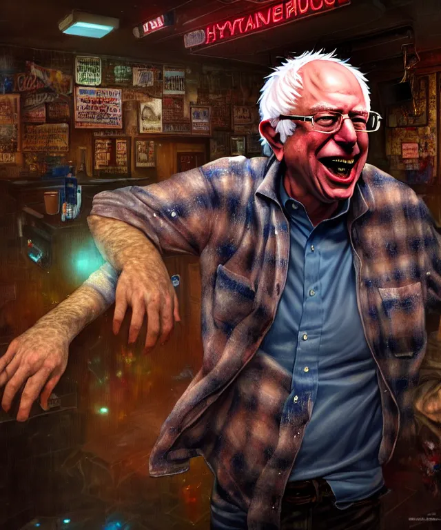 Image similar to hyperrealistic mixed media painting of Bernie Sanders as a laughing drunk, tattered plaid shirt, dimly lit dive bar, stunning 3d render inspired art by P. Craig Russell and Barry Windsor-Smith + perfect facial symmetry + dim volumetric lighting, 8k octane beautifully detailed render, post-processing, extremely hyperdetailed, intricate, epic composition, grim yet sparkling atmosphere, cinematic lighting + masterpiece, trending on artstation, very very detailed, masterpiece, stunning