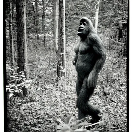 Image similar to 80s polaroid photo of bigfoot in the woods, candid flash photography