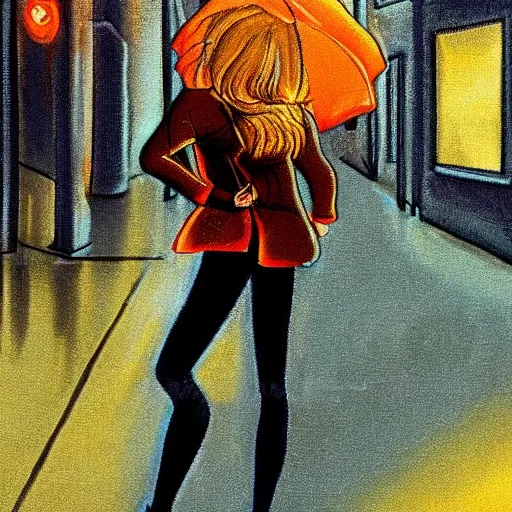 Prompt: girl in leather jacket walking down rainy city street at night, surreal, artwork by Ralph Bakshi