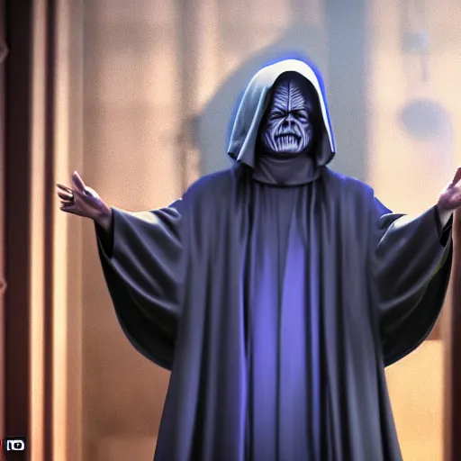 Image similar to emperor palpatine preaching to people at church, 8k cinematic lighting, very sharp detail, anatomically correct