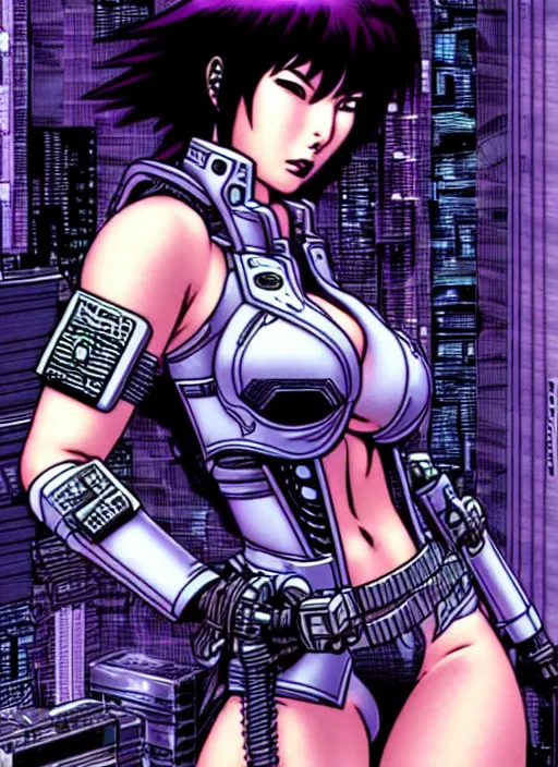 Image similar to motoko kusanagi in grungy cyberpunk megacity, intricate and finely detailed, cyberpunk vaporwave, portrait by j scott campbell