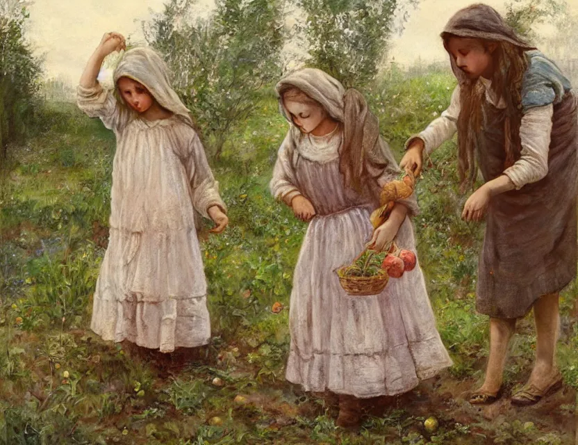 Image similar to 3 peasant girl picking vegetables from garden, cottage core, cinematic focus, polaroid photo bleached vintage pastel colors high - key lighting, soft lights, foggy, by steve hanks, by lisa yuskavage, by serov valentin, by tarkovsky, 8 k render, detailed, oil on canvas