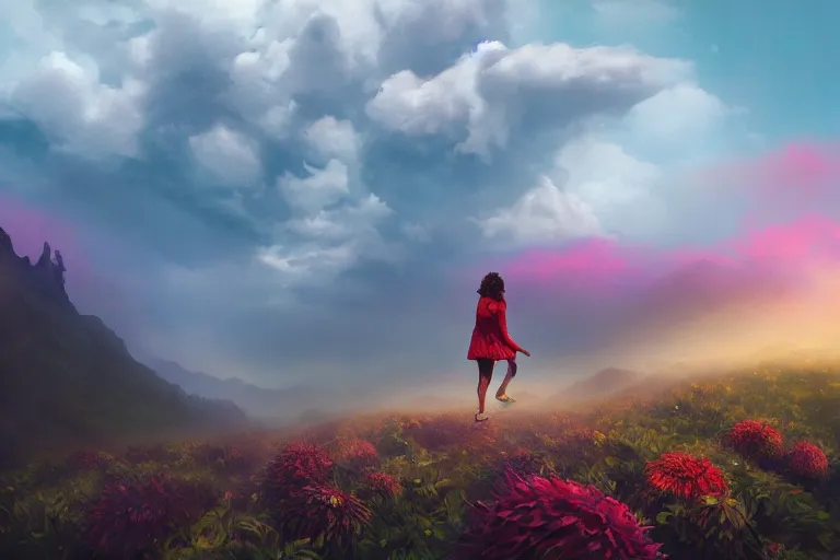 Prompt: giant dahlia flower head, girl walking on mountain, surreal photography, storm clouds, dramatic light, impressionist painting, digital painting, artstation, simon stalenhag