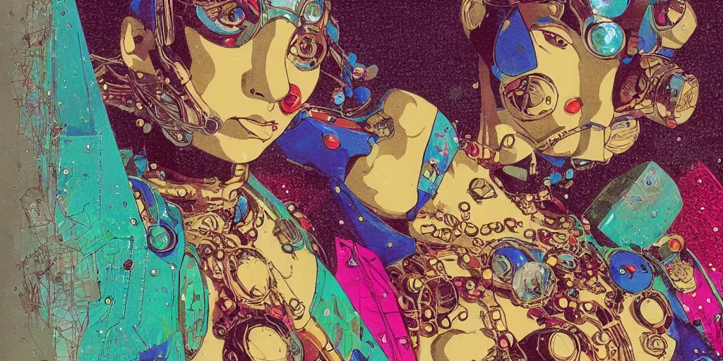 Image similar to risograph grainy drawing vintage sci - fi, satoshi kon color palette, gigantic beautiful bejeweled armored woman full - body covered in colourful gems, 1 9 6 0, kodak, metal wires, natural colors, codex seraphinianus painting by moebius and satoshi kon and alberto mielgo close - up portrait