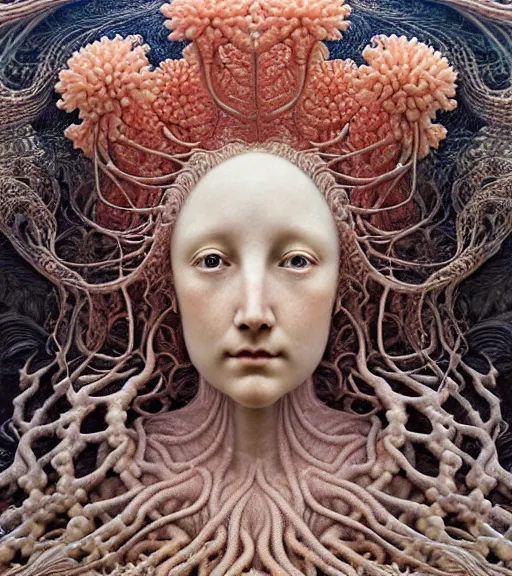 Image similar to detailed realistic beautiful coral goddess face portrait by jean delville, gustave dore, iris van herpen and marco mazzoni, art forms of nature by ernst haeckel, art nouveau, symbolist, visionary, gothic, neo - gothic, pre - raphaelite, fractal lace, intricate alien botanicals, ai biodiversity, surreality, hyperdetailed ultrasharp octane render