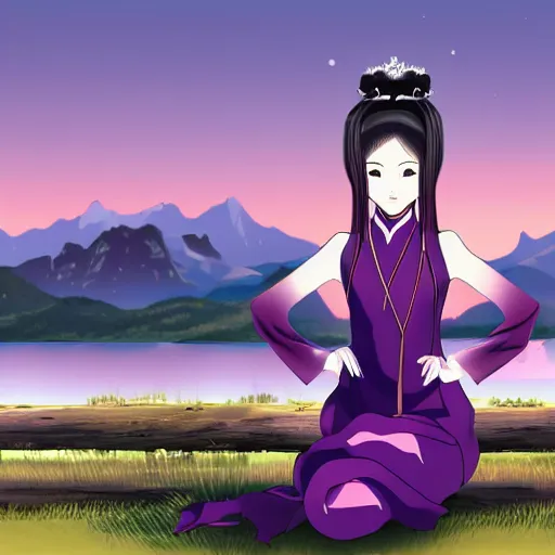 Image similar to elegant chinese princess with purple eyes, sitting by a lake, mountains in background, anime style, award winning art