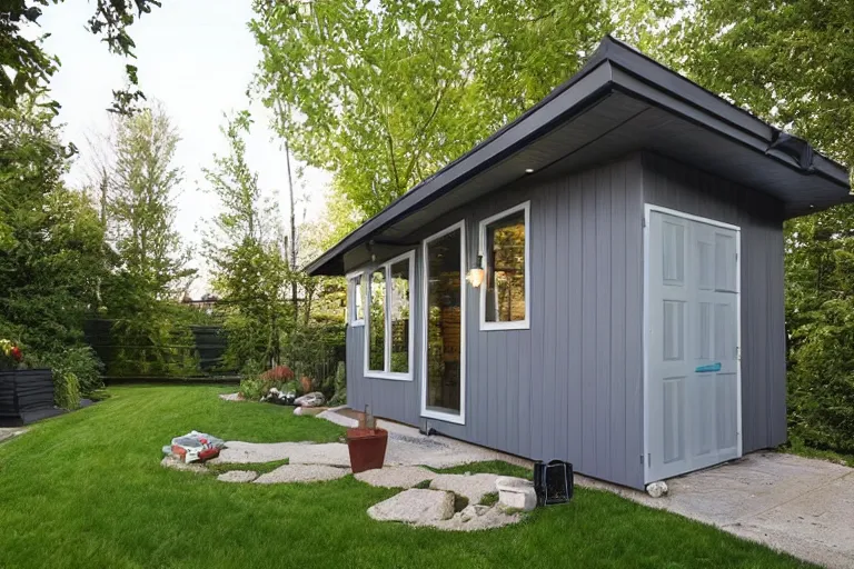 Prompt: modern backyard shed with quaint details in a canadian backyard