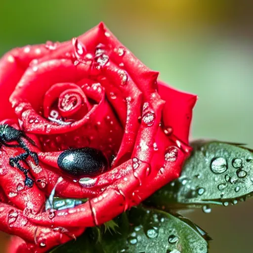Image similar to A close up of a rose, with water droplets on it, and a ladybug crawling on it. The rose is a deep red, and the background is blurred. The photo is taken with a 50mm lens, and has a deep depth of field
