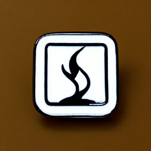 Prompt: a square enamel pin depicting a 1 9 6 0 s minimalistic clean fire flames warning label, smooth curves