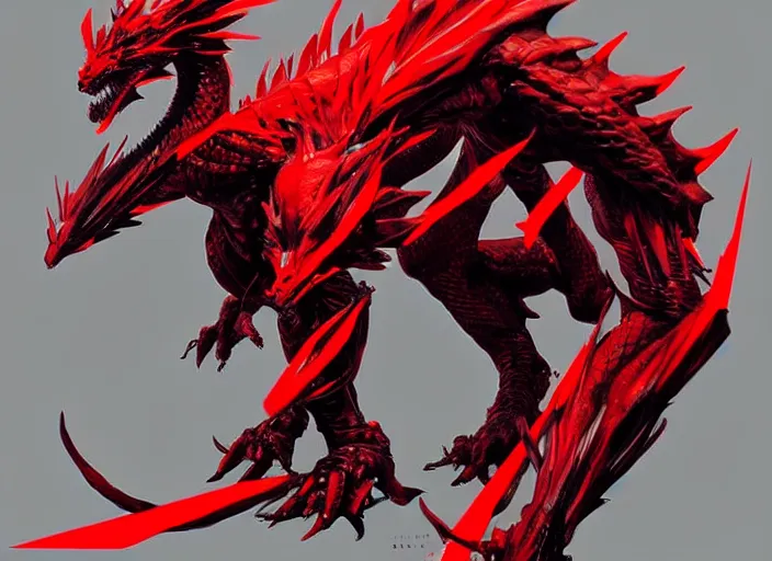 Image similar to Majestic red dragon with blue eyes. In style of Yoji Shinkawa and Hyung-tae Kim, trending on ArtStation, dark fantasy, great composition, concept art, highly detailed.