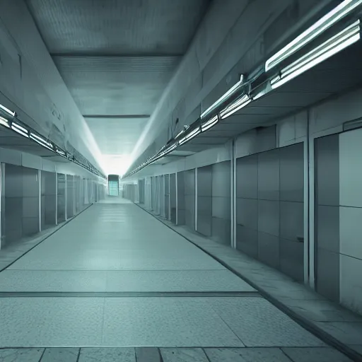 Image similar to lonely hallways of underground lab, sterile, clean, cinematic, liminal space, unreal engine, in-game screenshot