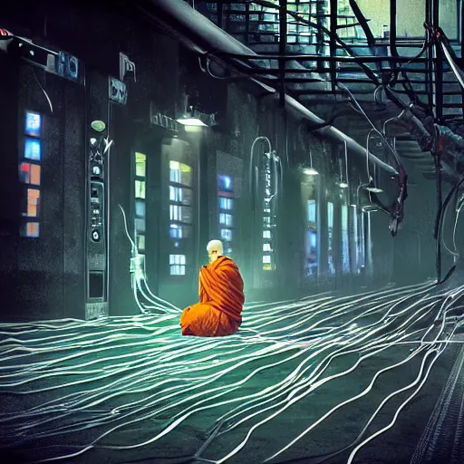 Image similar to monks kneeling with wires connecting them to a computer, Machines and wires everywhere, neon lights, creepy, dark shadowy surroundings, dystopian scifi, horror, Stefan Koidl inspired