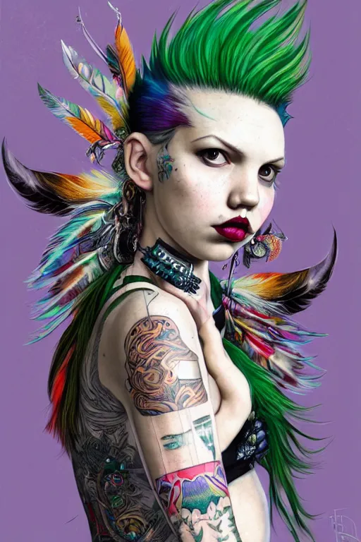 Image similar to portrait of hannah murray as a punk woman with green mohawk, neotraditional tattoos, fishnets, long tartan skirt as phoenix queen, feathers, wings, rainbow clothes,, sci - fi, intricate and very very beautiful and elegant, highly detailed, digital painting, artstation, smooth and sharp focus, illustration, art by tian zi and wlop and alphonse mucha