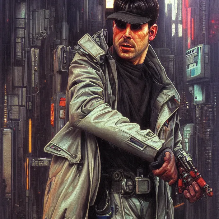 Prompt: excellent painted portrait of a replicant construction worker from blade runner (1982), cyberpunk blade runner art, character artwork, 8k resolution artwork, trending on artstation, detailed oil painting portrait, art by artgerm and greg rutkowski and alphonse mucha and craig mullins and James Jean and Andrei Riabovitchev and Marc Simonetti and peter mohrbacher, matte painting