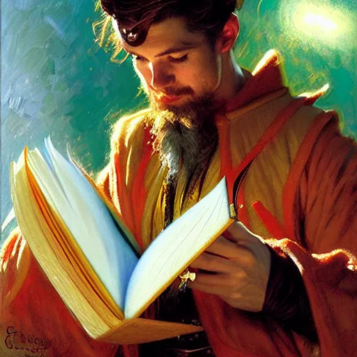 Image similar to stunning male master wizard reading his forbidden magical book, highly detailed painting by gaston bussiere, craig mullins, j. c. leyendecker, 8 k